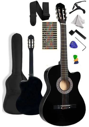 4/4 Kesik Kasa Sap Ayarlı Siyah Klasik Gitar Seti Full Set Siyah