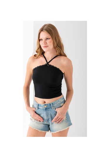 Giysa Kadın Çapraz Askılı Dantel Detaylı Crop Body Siyah - Ms0000309 Siyah