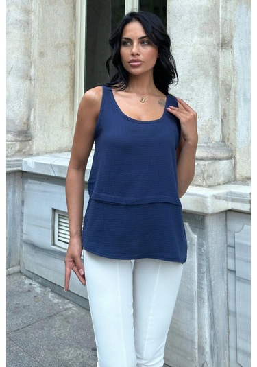 Lacivert Müslin Katlı Bluz Lacivert