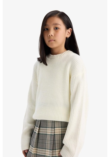 Defacto Kız Çocuk Standart Fit Bisiklet Yaka Triko Kazak C6909a825auer105 Ekru