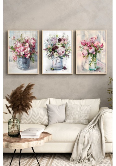 Ahşap Çerçeveli Mdf Tablo Seti Salon Ve Oturma Odası İçin Çiçekler Çt3070 32 X 42 Çok Renkli