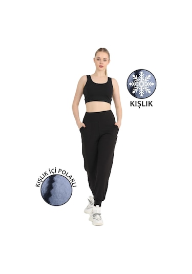 Kadın Siyah Yüksek Bel Jogger Eşofman Altı Polarlı Kışlık Cepli Joggers 1062 Siyah