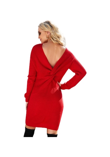 Sones Kadın Paket Kalça Uzun Örme Sırtı Açık Bükülmüş Düğüm Elbise Kırmızı