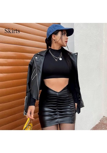 Şık Çanta Kalça Etek Mizaç Düz Renk Pileli Pu Kadın Etek Yakışıklı İnce Yüksek Bel A Kesim Etek Siyah