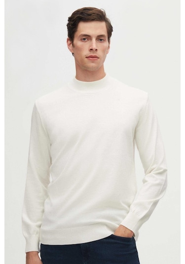 D's Damat Regular Fit Ekru Pamuk Karışımlı Yarım Balıkçı Triko Kazak Ekru