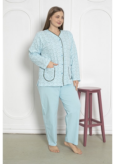%100 Pamuklu Uzun Kollu Boydan Düğmeli Büyük Beden Kadın Pijama Takımı 206 Yeşil