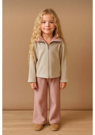 Kız Çocuk Rib Kumaş Fermuarlı Üst & Geniş Paça Alt Takım Bej / Gül Kurusu 1411 Karışık