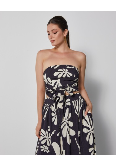 Kadın Straplez Desenli Takım Bağlamalı Büstiyer Ve Bol Kesim Pantolon Etek Siyah