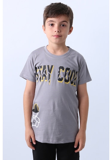 Erkek Çocuk Tişört Stay Cool Baskılı Bisiklet Yaka F18 Gri