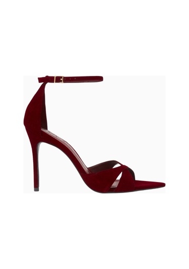 Schutz Strappy 100 Bordo Süet Crossover Bantlı, 100mm Ince Topuklu Lüks Sandalet