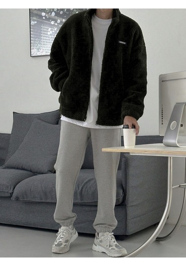 Oversize Tam Fermuarlı Kuzu Sweatshirt İçi Polarlı Sherpa Kumaş Sweatshirt Haki