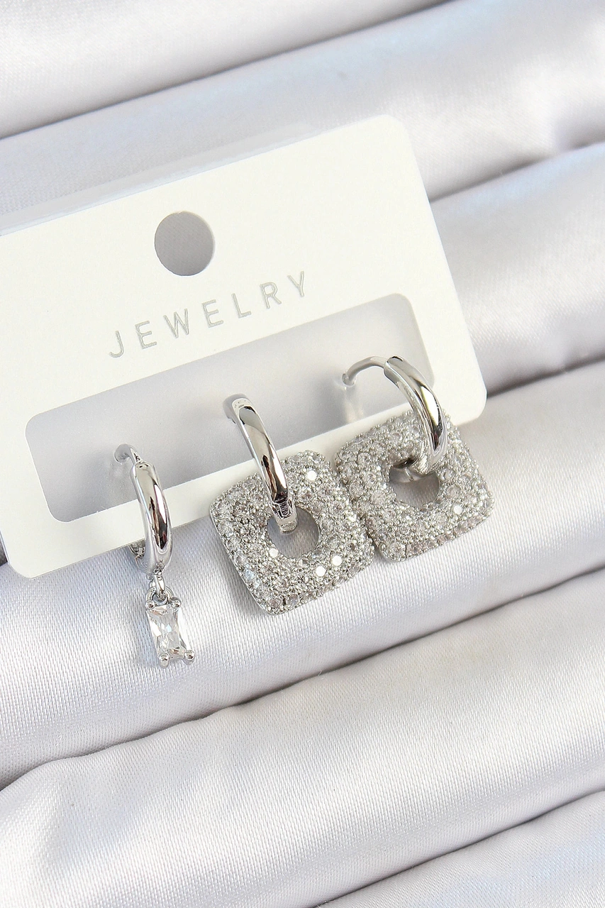 Dodes Dodes Pirinç Zirkon Taşlı Kare Model Gümüş Renk 3'lü Çift Kadın Küpe Set Tg27bkp10806 Çok Renkli