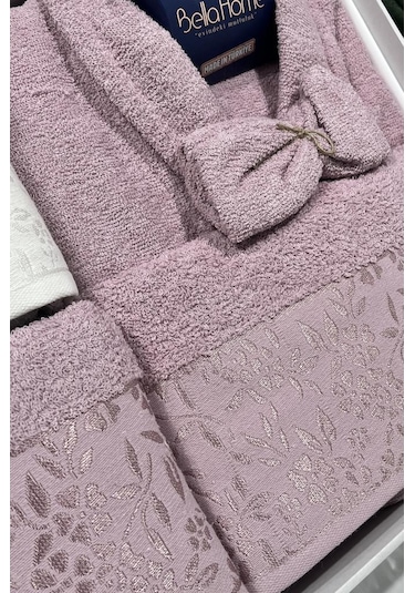 Platin Jakarlı 10 Parça Aile Bornoz Takımı Krem Mürdüm Çok Renkli