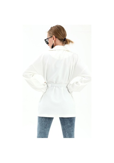 Düşük Omuz Kemerli Atlas Kumaş Blazer Ceket - Ekru-ekru Ekru