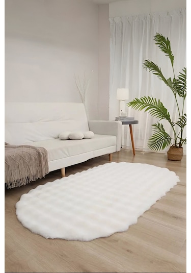 Bubble Oval Yumuşak Peluş Kaymaz Salon Oturma Odası Balkon Halısı Yolluk Krem