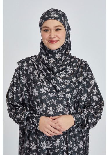 Pratik Tek Parça Manolya Desenli Namaz Elbisesi Koyu Siyah