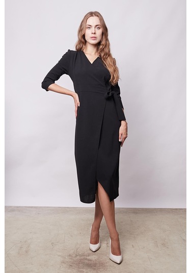 Kadın Likralı Krep Kumaş Kruvaze Capri Truvakar Kol Diz Altı Elbise-siyah Siyah