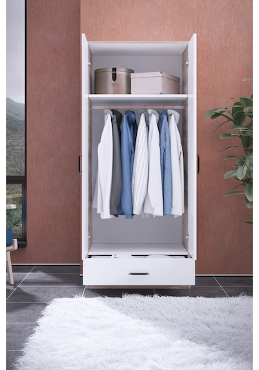 Gubimo 2 Kapılı 1 Çekmeceli Ceviz-beyaz Gardırop 179cm 76cm 45cm