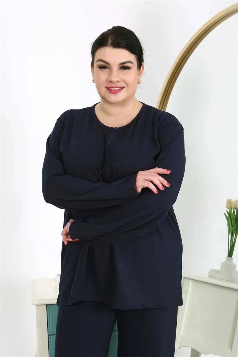 Moda Kadın Büyük Beden Uzun Kol Penye Pijama Takımı Lacivert Lacivert