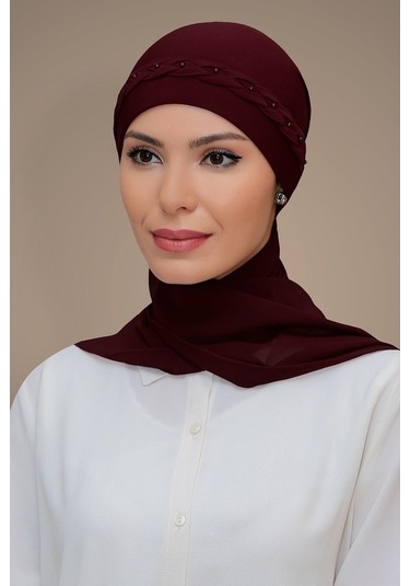 Bordo Pratik Hazır Geçmeli Tesettür Bone Sandy Kumaş Örgülü Güllü (545490915) Bordo
