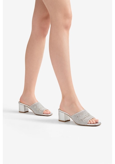 Tual Shoes Kadın Silver Örgü Detaylı Topuklu Terlik Gümüş