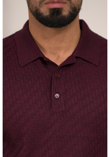 Woolen World Polo Yaka Slimfit Desenli Yünlü Erkek Triko Kazak Bordo