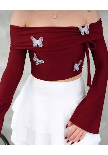 Kelebek Detaylı Madonna Bluz Bordo