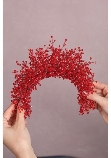 FdayAksesuar En Güzel Gelinlere Özel Kırmızı Atair Yogun Kristal Boncuklu Gelin Saç Aksesuarı FRDY31680