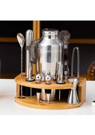 Pazly By-f12 Yarım Daire Ahşap Tabanlı Bar Shaker Seti 700ml Paslanmaz Çelik Bambu Ergonomik Şarap Barmen Ürünü