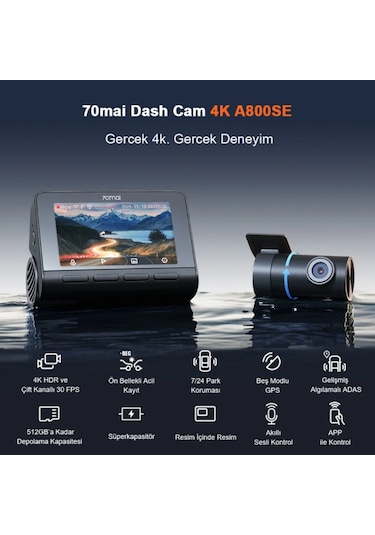 70mai Araç Kamerası A800se Ön Kamera + Rc22 Arka Kamera Set 4k Ultra Hd
