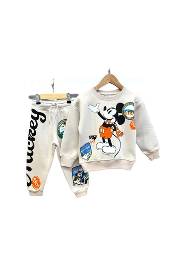 Yeni Sezon Mickey Mouse Baskılı 3 İp Şardonlu Sweatshirt Eşofman Alt Üst Takım Taş