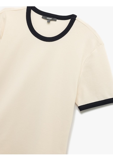 Koton Kısa Kollu Bisiklet Yaka Tok Kumaş Renk Kontrastlı Pamuklu Slim Fit Tişört Ekru 6wam10098hk Ekru