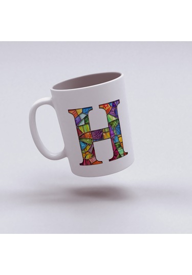 H Harfi Bardak 330 Ml İsme/harfe Özel Hediye, Renkli Harf Tasarım Beyaz