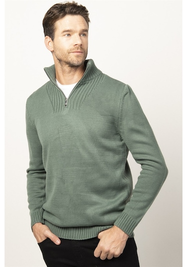 Tudors Slim Fit Dar Kesim Dik Yaka Fermuarlı Erkek Kazak-26349 Yeşil