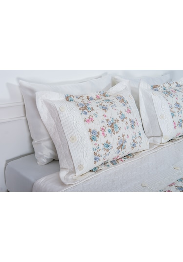 Finezza Gülfem Çiçek Baskılı Turkuaz Çift Kişilik Yatak Örtüsü 6 Parça-1462 Turkuaz