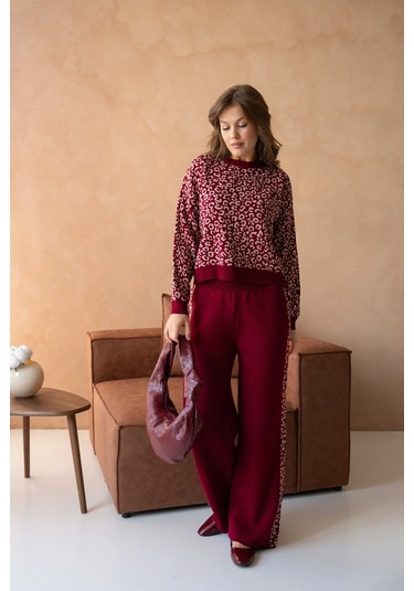 Kadın Geniş Yaka Desenli Kazak Pantolon İkili Triko Takım Bordo