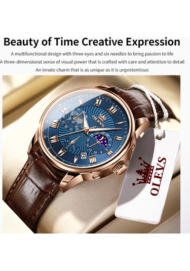 Olevs 2893 Erkekler Çok Fonksiyonlu İş Kuvars Saati Kahverengi + Mavi