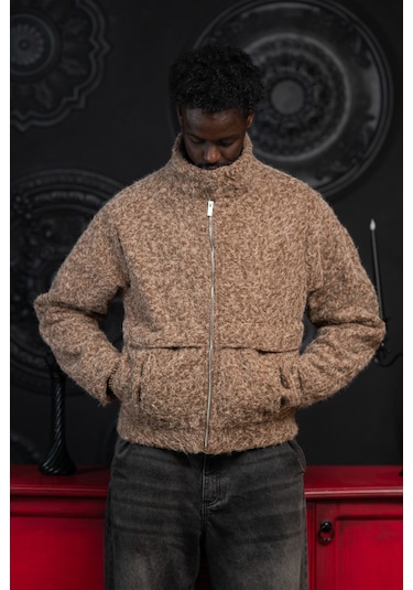 Oversize Crop Model Yan Cepli Astarlı Kırçıllı Mont Kahverengi