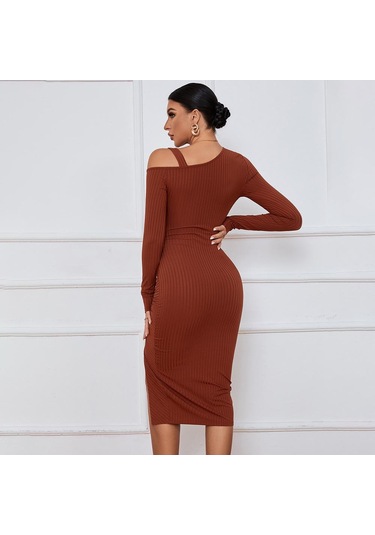 Hnxc Kadın Moda Yaz Bahar Düz Renk Baskı Uzun Kollu Yüksek Bel Günlük Elbiseler Bordo