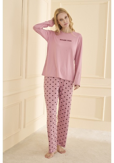 Mihra Kadın Pijama Takımı Uzun Kol Mevsimlik Pudra