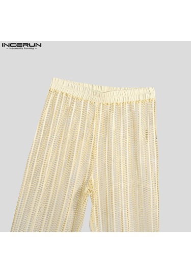 Incerun Artı Boyutu Erkek File Maxi Pantolon See Through Yaz Örgü Tatil Rahat Gevşek Katı Uzun Pantolon Bej