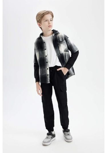 DeFacto Erkek Çocuk Kargo Cepli Beli Bağcıklı Lastikli Paça Cepli Siyah Jogger Gabardin Pantolon A9393A824AUBK81 Siyah