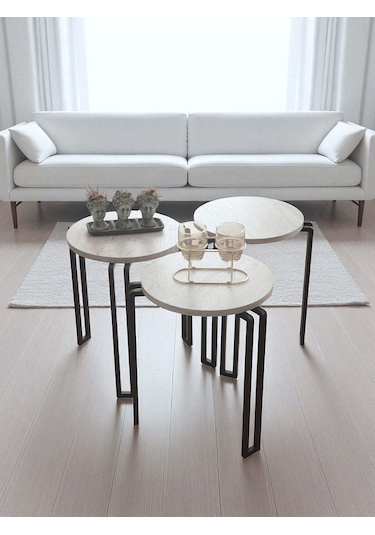 Zigon Sehpa Metal Ayaklı Beyaz Ahşap Yuvarlak Misafir Sehpası 3'lü