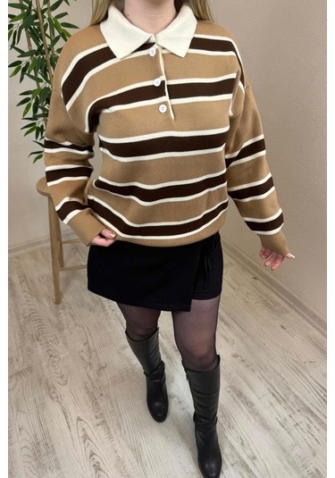 Kadın Bej - Kahve Polo Yaka Çizgili Oversize Triko Kazak Bej