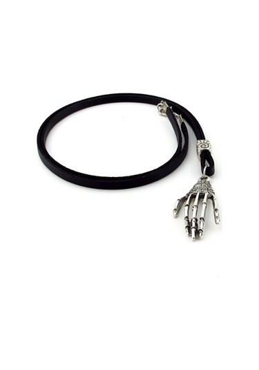 Solfera Metal Iskelet El Parmaklar Siyah Deri Erkek Kolye Q0587 Siyah
