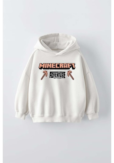 Erkek Çocuk Mınecraft Modelli Kol Manşetli Pamuk Kapşonlu Sweat Ekru
