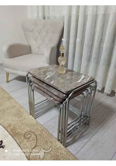Zigon Sehpa Nikelaj Kaplama Metal Ayaklı Gri Mermer Desen (540935854)