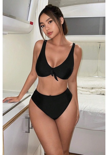 Angelsin Şık Yüksek Bel Bikini Takım Çıkartılabilir Kaplı Siyah