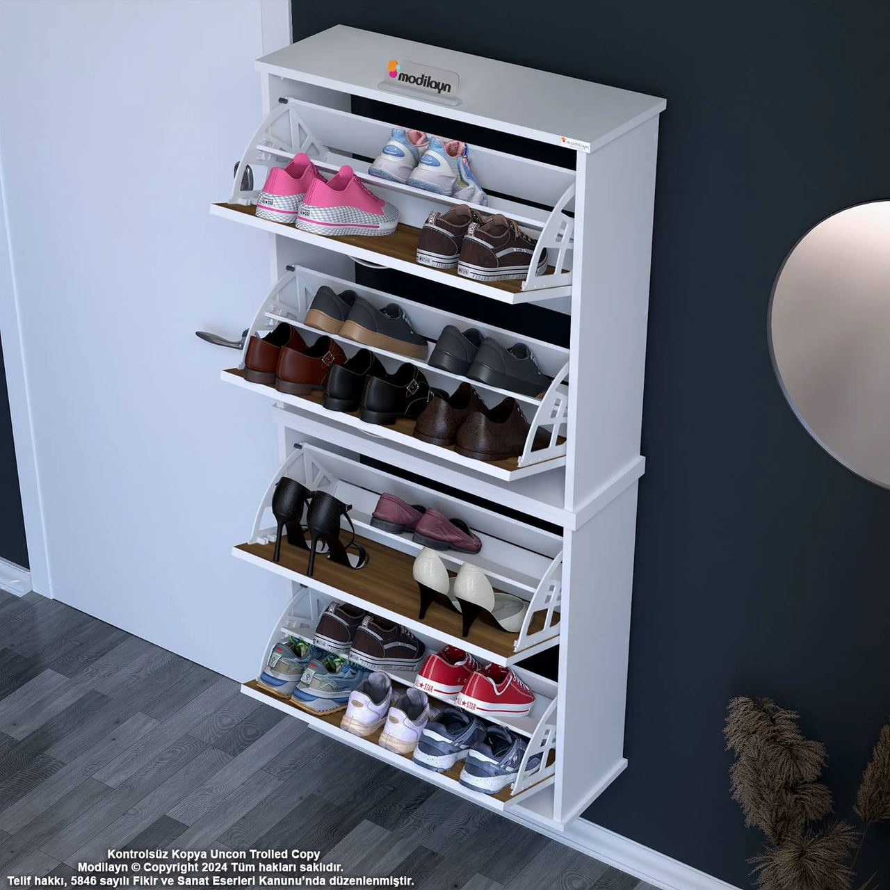 Asaf 2 Li Ceviz Renk Asma Ayakkabılık Antre Ho 4 Düşer Kapak 8 Raf Bölme Ayakkabılık 72x148x25,5 Cm Ceviz