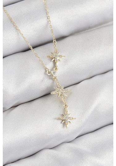 Shoecide Pirinç Zirkon Taşlı Kutup Yıldızı Model Gold Renk Kadın Kolye Çok Renkli